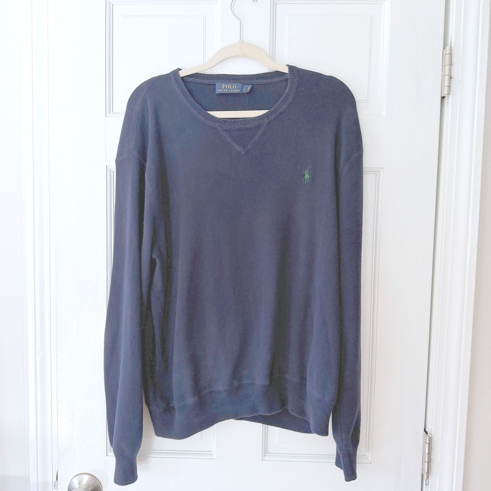Polo Ralph Lauren Sweater Mens Large Navy Blue Cotton Crewneck Pony Logo Preppy